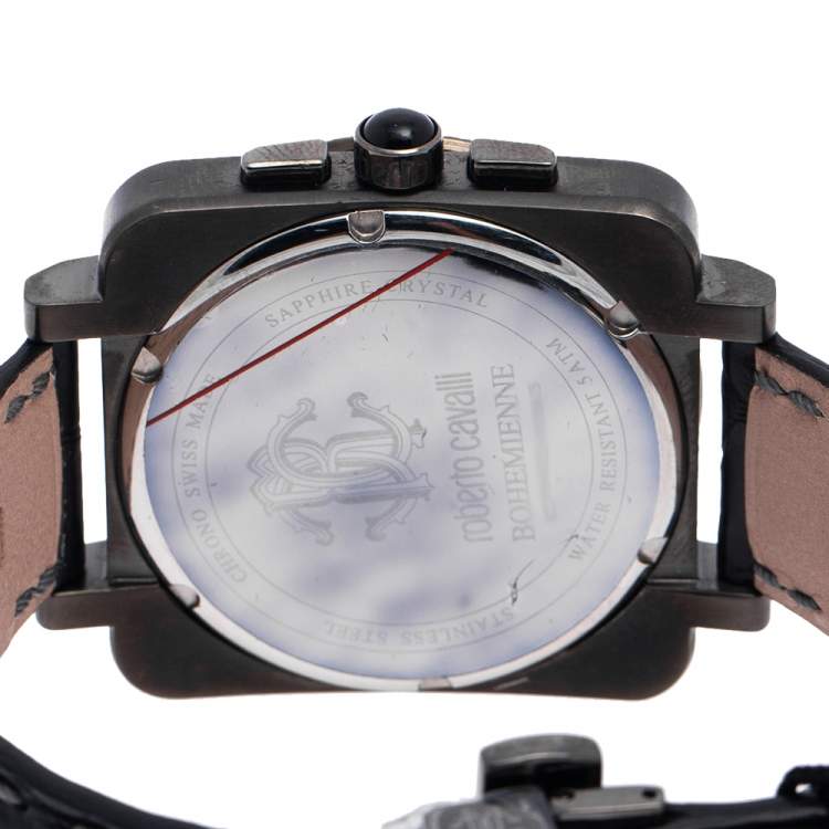 Pre Owned Roberto Cavalli Black PVD Coated Stainless Steel Leather Bohemienne R7271666025 Men's Wristwatch 40 mm