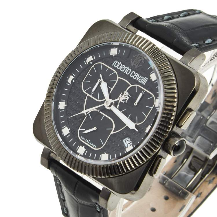 Pre Owned Roberto Cavalli Black PVD Coated Stainless Steel Crocodile Bohemienne R7271666025 Men's Wristwatch 40 mm