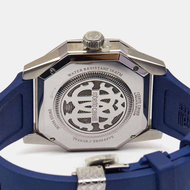 Pre Owned Roberto Cavalli By Franck Muller Blue Stainless Steel Rubber Diver Uno 1G045 Men's Wristwatch 43 mm