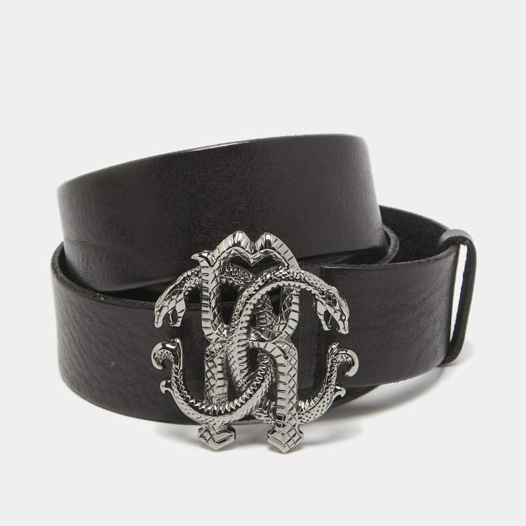 مملوكة مسبقًا Roberto Cavalli Black Leather RC Logo Buckle Belt 115CM