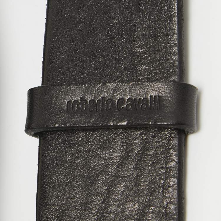مملوكة مسبقًا Roberto Cavalli Black Leather RC Logo Buckle Belt 115CM