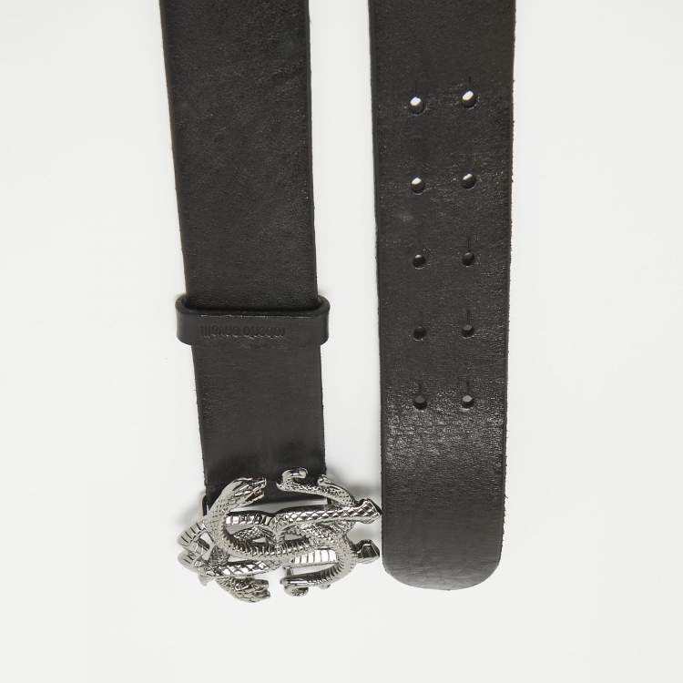 مملوكة مسبقًا Roberto Cavalli Black Leather RC Logo Buckle Belt 115CM