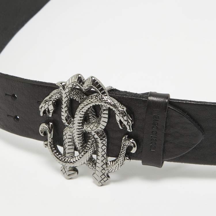 مملوكة مسبقًا Roberto Cavalli Black Leather RC Logo Buckle Belt 115CM