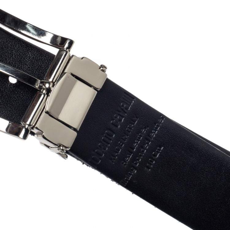 Pre Owned Robert Cavalli Black Croc Embossed Buckle Belt 110CM