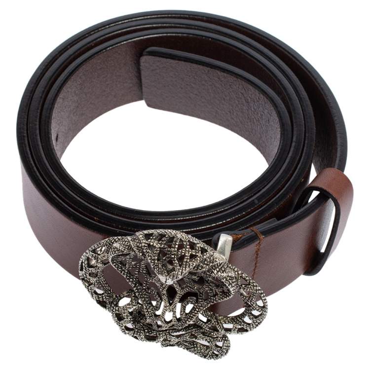 Pre Owned Roberto Cavalli Dark Brown Leather Metal Snake Buckle Belt 90CM