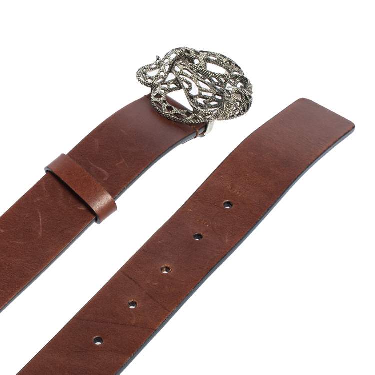 Pre Owned Roberto Cavalli Dark Brown Leather Metal Snake Buckle Belt 90CM