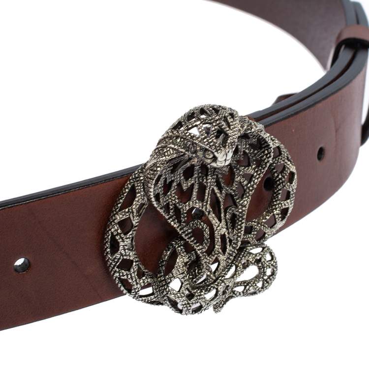 Pre Owned Roberto Cavalli Dark Brown Leather Metal Snake Buckle Belt 90CM
