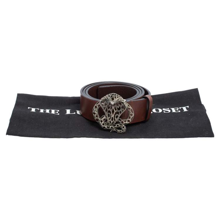 Pre Owned Roberto Cavalli Dark Brown Leather Metal Snake Buckle Belt 90CM