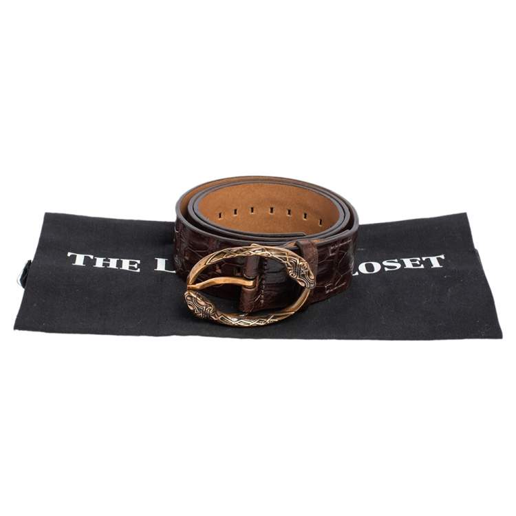 Pre Owned Roberto Cavalli Dark Brown Croc Embossed Leather Snake Detail Buckle Belt