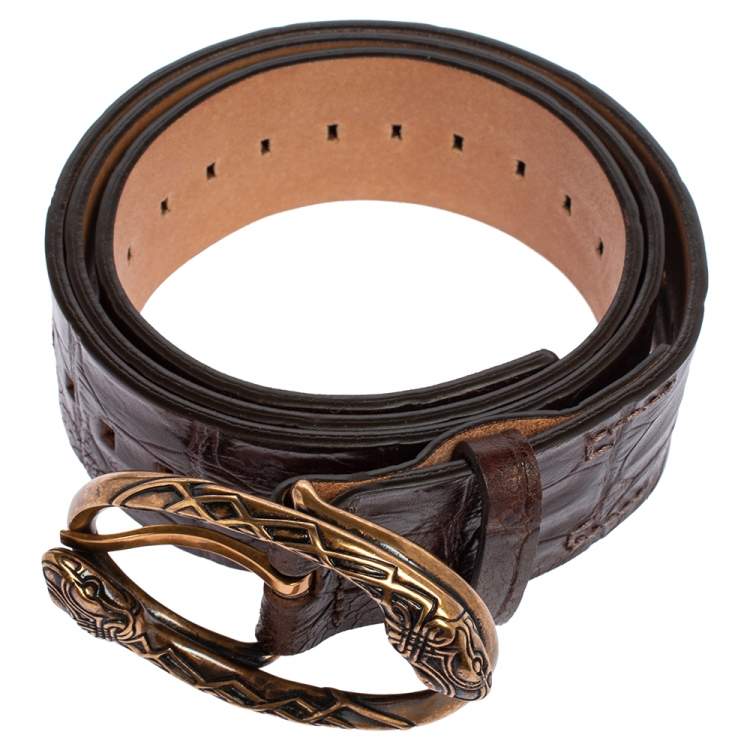 Pre Owned Roberto Cavalli Dark Brown Croc Embossed Leather Snake Detail Buckle Belt