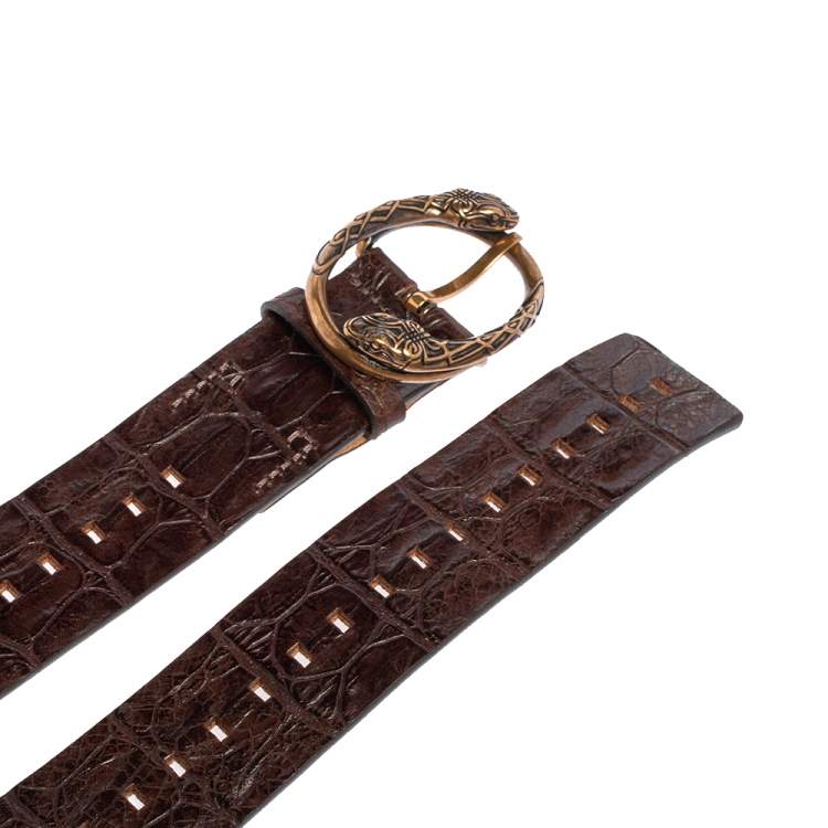 Pre Owned Roberto Cavalli Dark Brown Croc Embossed Leather Snake Detail Buckle Belt