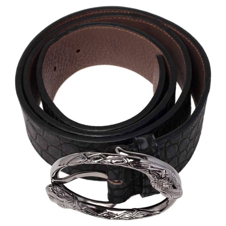 Pre Owned Roberto Cavalli Black/Grey Croc Embossed Leather Snake Detail Belt Buckle Belt