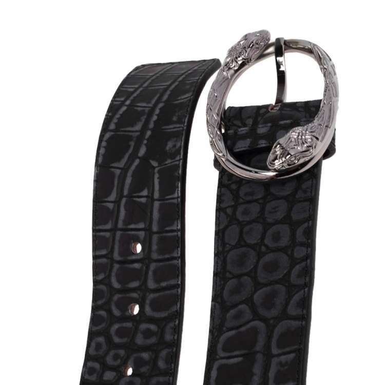Pre Owned Roberto Cavalli Black/Grey Croc Embossed Leather Snake Detail Belt Buckle Belt