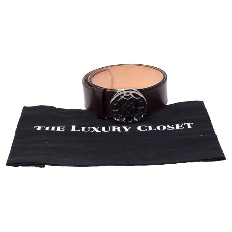Pre Owned Roberto Cavalli Brown Leather Logo Buckle Belt 90CM