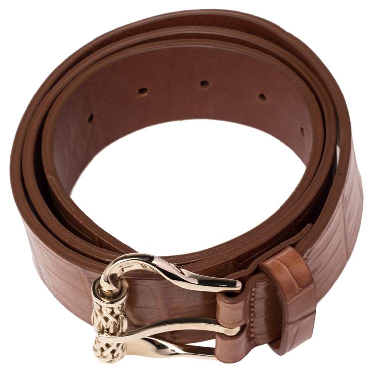 Pre Owned Roberto Cavalli Brown Croc Embossed Leather Buckle Belt 100CM