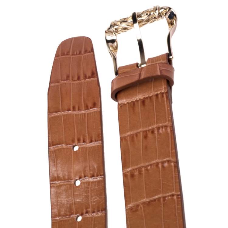 Pre Owned Roberto Cavalli Brown Croc Embossed Leather Buckle Belt 100CM