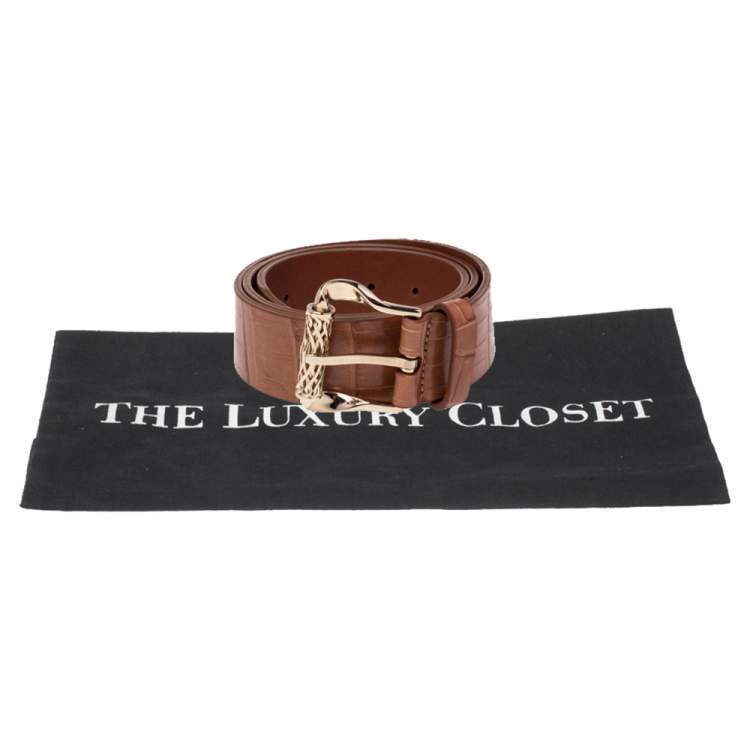 Pre Owned Roberto Cavalli Brown Croc Embossed Leather Buckle Belt 100CM