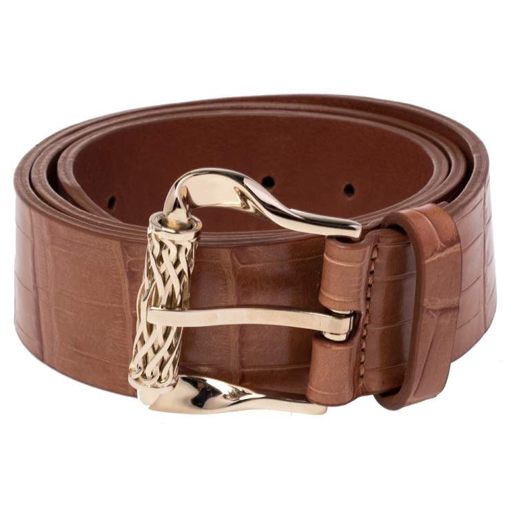 Pre Owned Roberto Cavalli Brown Croc Embossed Leather Buckle Belt 100CM
