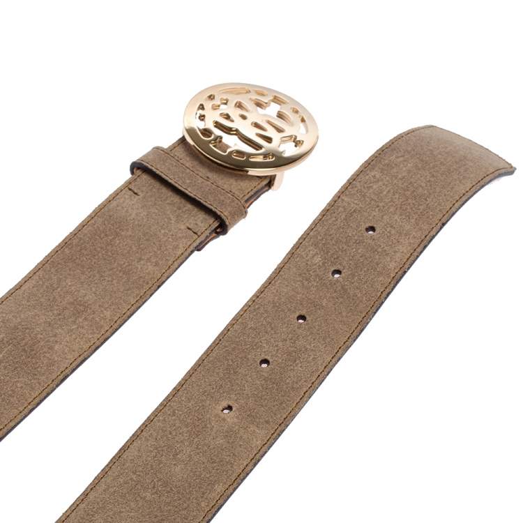 Pre Owned Roberto Cavalli Grey Suede Logo Buckle Belt 100CM