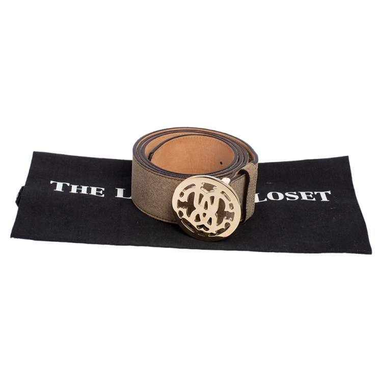 Pre Owned Roberto Cavalli Grey Suede Logo Buckle Belt 100CM
