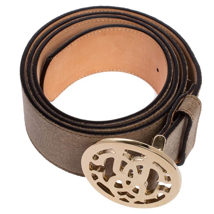 Pre Owned Roberto Cavalli Grey Suede Logo Buckle Belt 100CM
