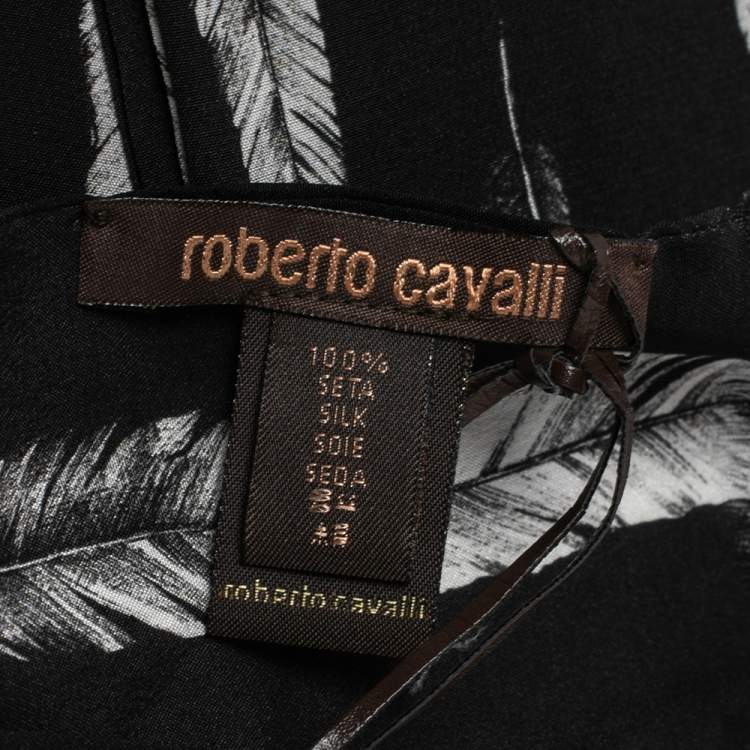 Pre Owned Roberto Cavalli Black Plumage Print Silk Scarf