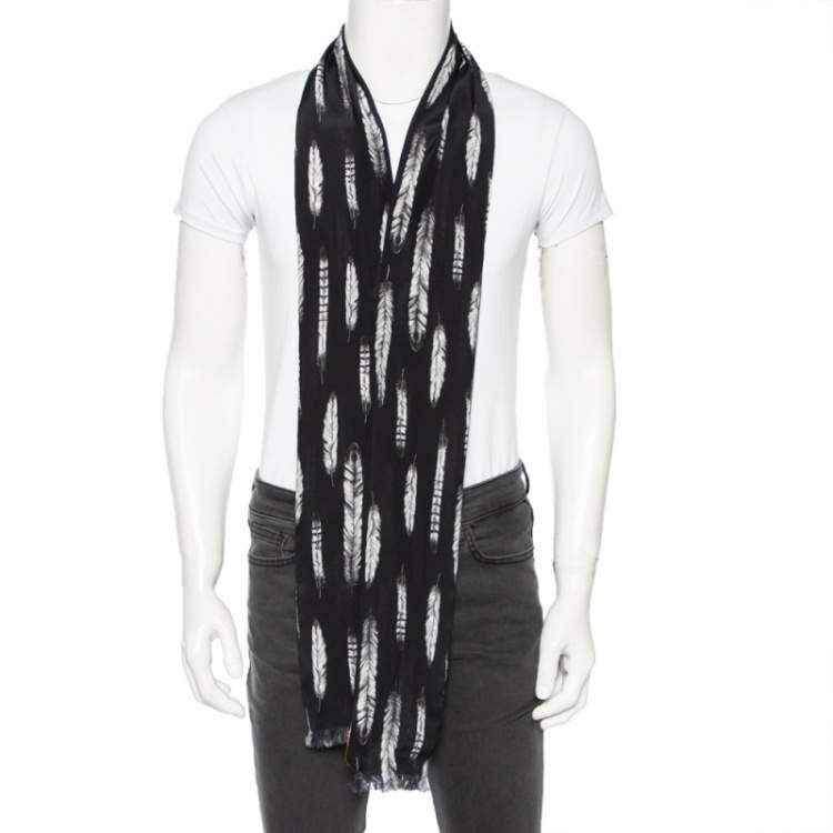 Pre Owned Roberto Cavalli Black Plumage Print Silk Scarf