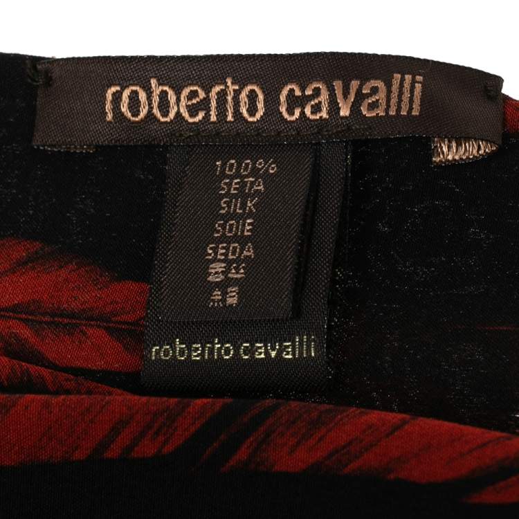 Pre Owned Roberto Cavalli Black Plumage Print Silk Scarf