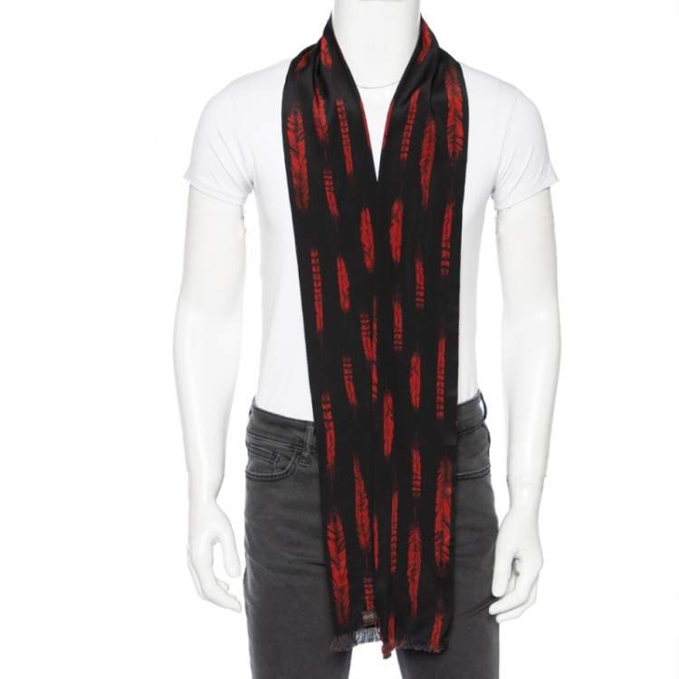 Pre Owned Roberto Cavalli Black Plumage Print Silk Scarf