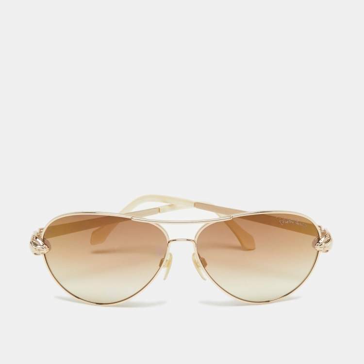 Pre Owned Roberto Cavalli Cream/Gold Matar 884S Aviator Sunglasses