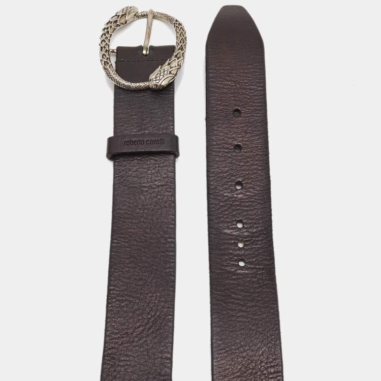 Pre Owned Roberto Cavalli Black Leather Snake Buckle Belt 95CM