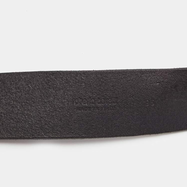 Pre Owned Roberto Cavalli Black Leather Snake Buckle Belt 95CM