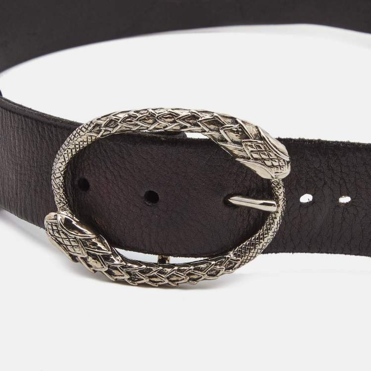 Pre Owned Roberto Cavalli Black Leather Snake Buckle Belt 95CM