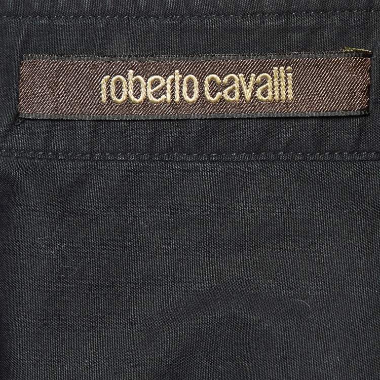 Pre Owned Roberto Cavalli Black Cotton Logo Crest Embroidered Button Front Shirt S