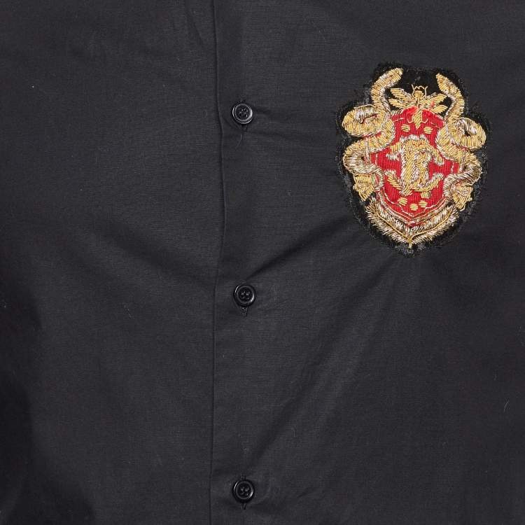 Pre Owned Roberto Cavalli Black Cotton Logo Crest Embroidered Button Front Shirt S