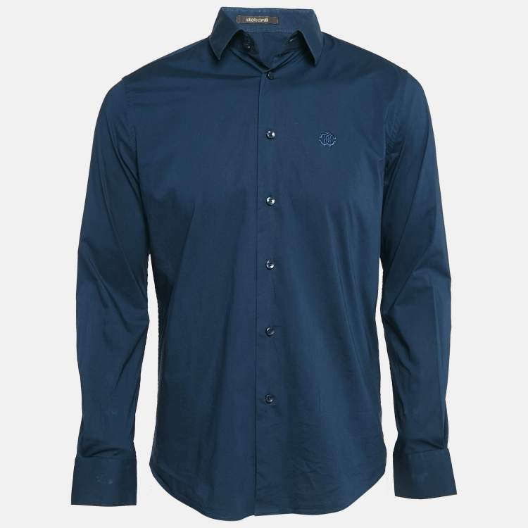 Pre Owned Roberto Cavalli Navy Blue Cotton Button Front Shirt XL