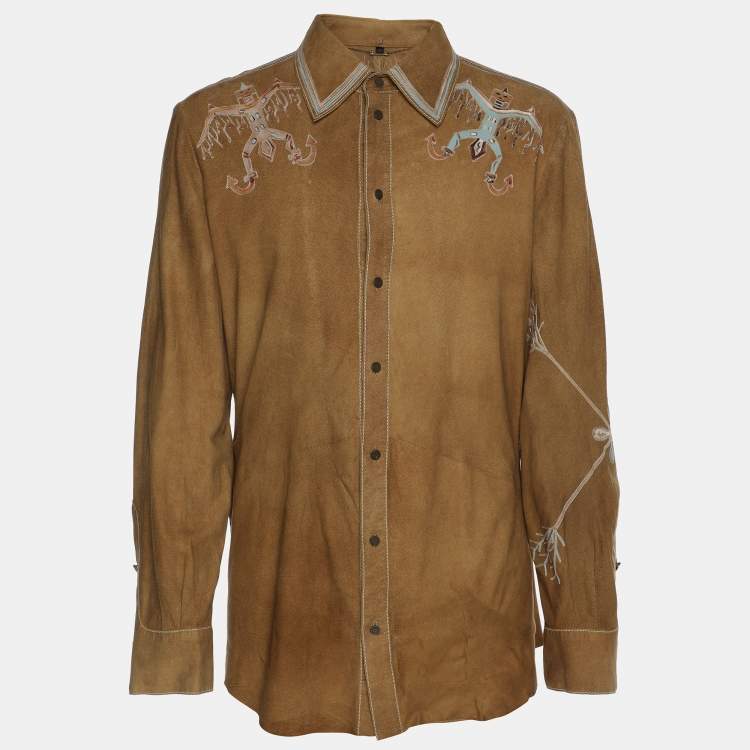 Pre Owned Roberto Cavalli Brown Embroidered Suede Button Front Shirt M