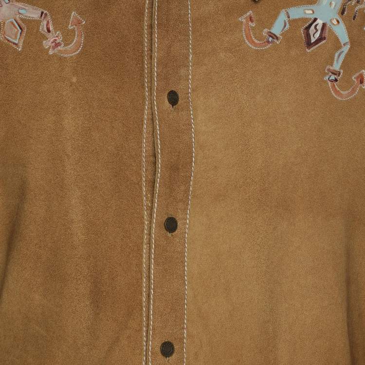 Pre Owned Roberto Cavalli Brown Embroidered Suede Button Front Shirt M