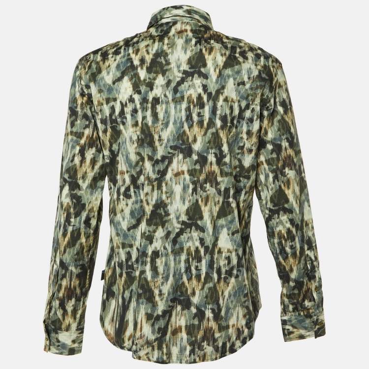 Pre Owned Just Cavalli Green Texture Print Cotton Button Front Shirt XL