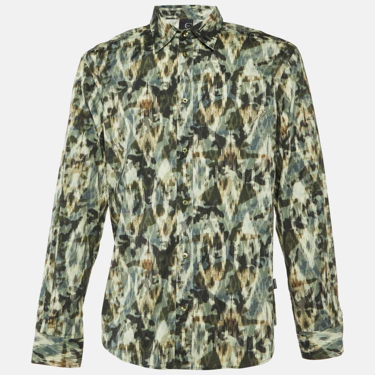 Pre Owned Just Cavalli Green Texture Print Cotton Button Front Shirt XL
