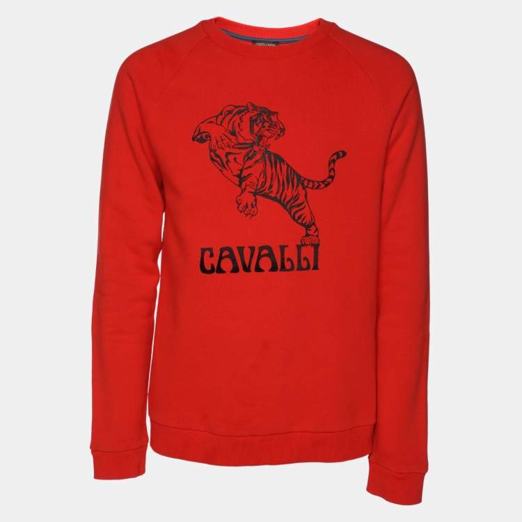 مملوكة مسبقًا Roberto Cavalli Orange Cotton Knit Blend Tiger Print Sweatshirt L