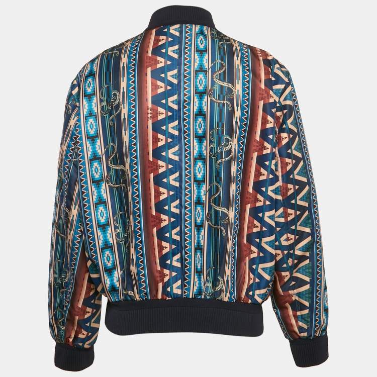 Pre Owned Roberto Cavalli Blue Printed Crepe Zip-Up Jacket XXXL