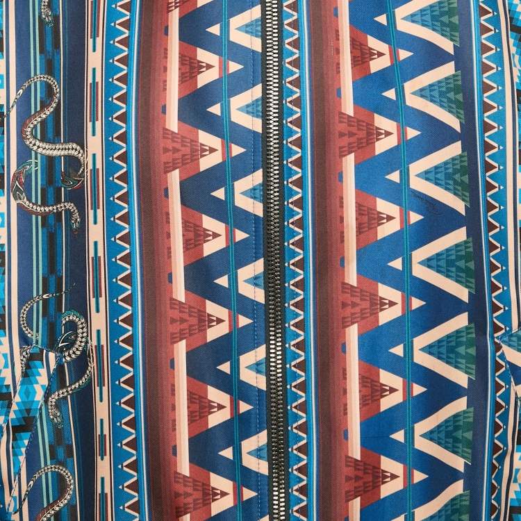Pre Owned Roberto Cavalli Blue Printed Crepe Zip-Up Jacket XXXL