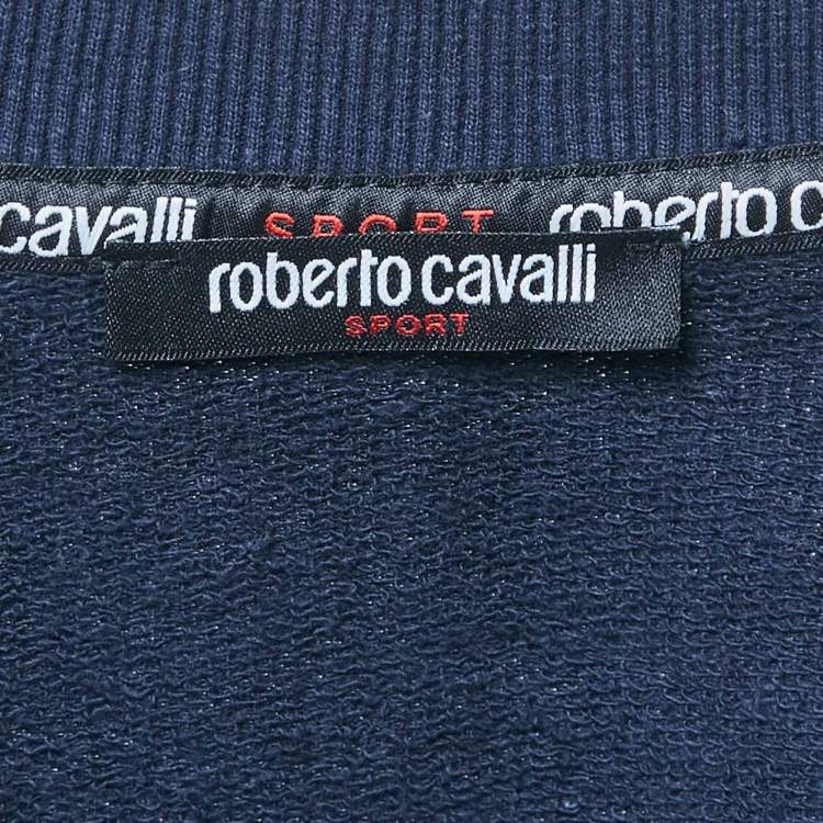 Pre Owned Roberto Cavalli Navy Blue Printed Cotton Knit Zip Front Jacket & Joggers Set L