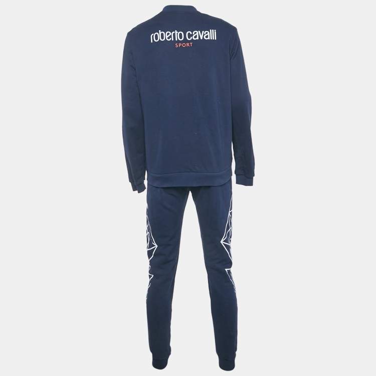 Pre Owned Roberto Cavalli Navy Blue Printed Cotton Knit Zip Front Jacket & Joggers Set L