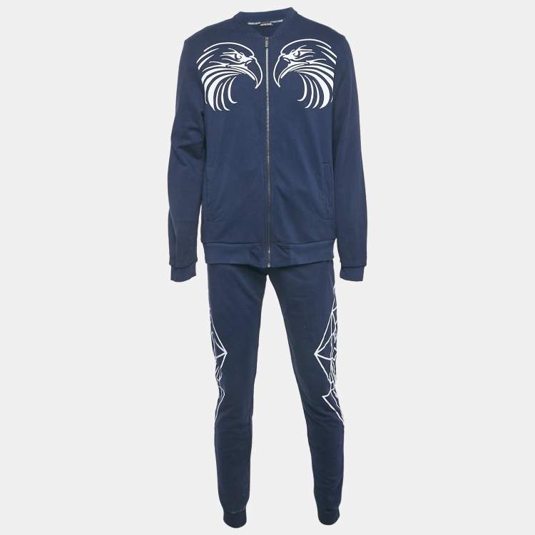 Pre Owned Roberto Cavalli Navy Blue Printed Cotton Knit Zip Front Jacket & Joggers Set L