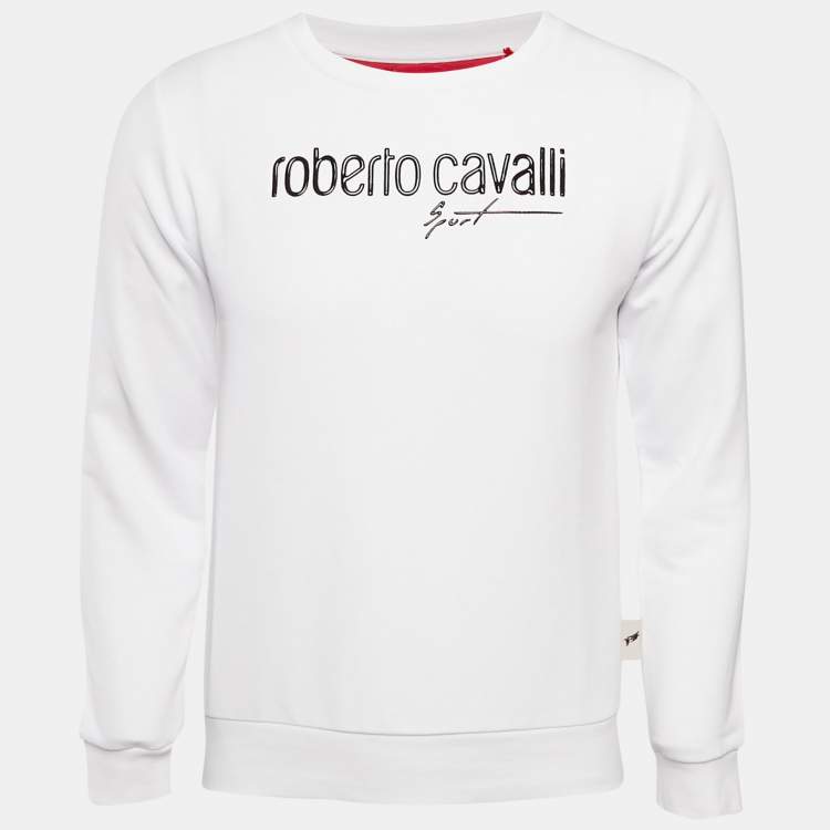 Pre Owned Roberto Cavalli White Cotton Knit Blend Crew Neck Sweatshirt M