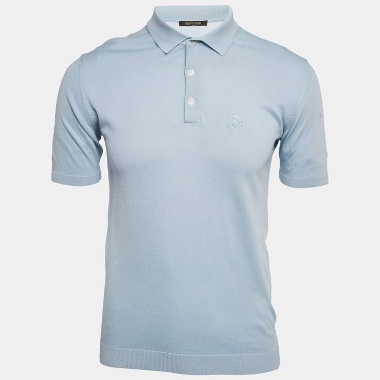 Pre Owned Roberto Cavalli Light Blue Silk Knit Polo T-Shirt M