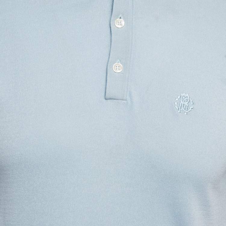 Pre Owned Roberto Cavalli Light Blue Silk Knit Polo T-Shirt M