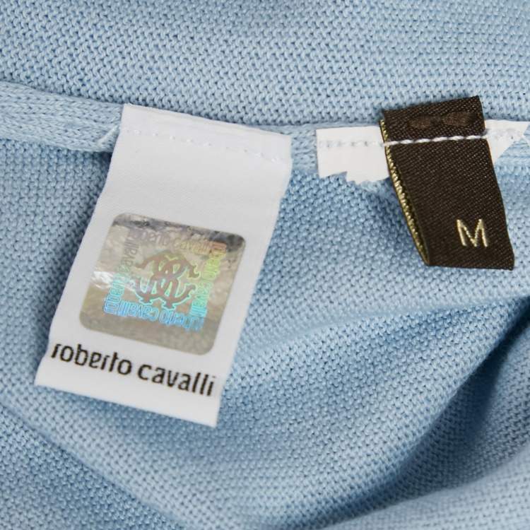 Pre Owned Roberto Cavalli Light Blue Silk Knit Polo T-Shirt M